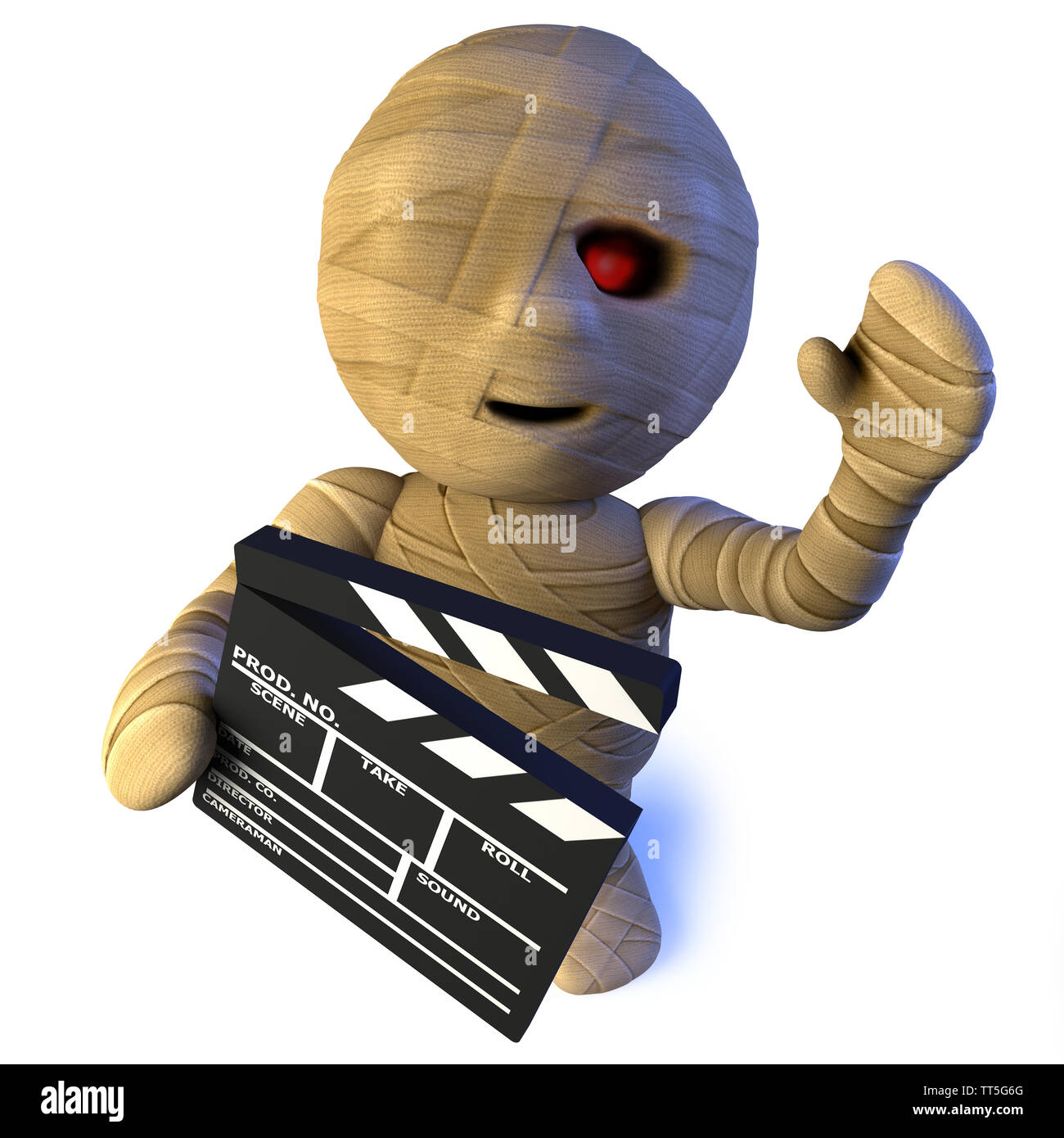 3d render of a funny cartoon Egyptian mummy monster character making a movie Stock Photo