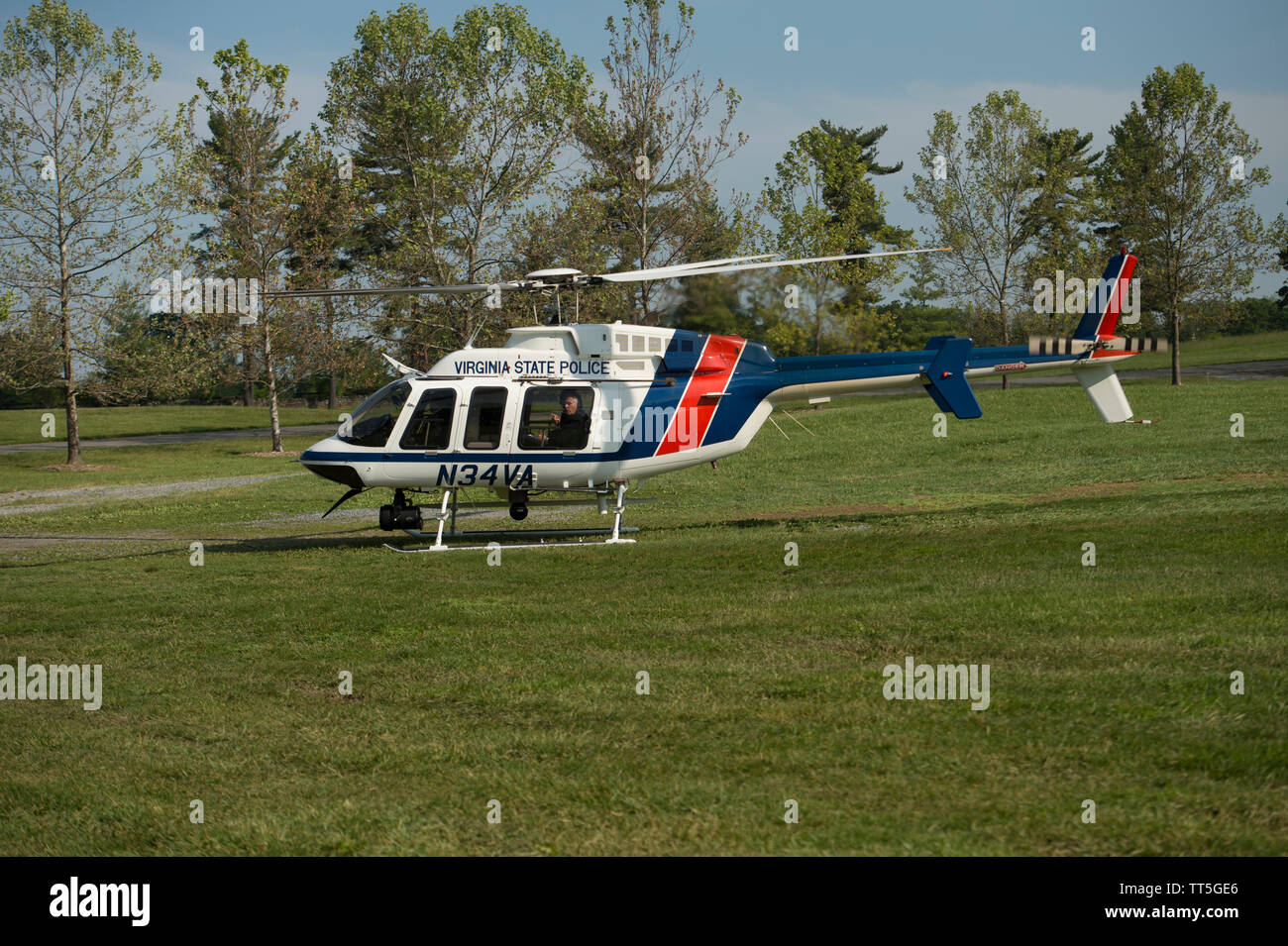 UNITED STATES - May 24, 2016: Governor Terry McAuliffe arrives in a Virginia State Police helicopter at Blandy Experimental Farm in Boyce Virginia tod Stock Photo