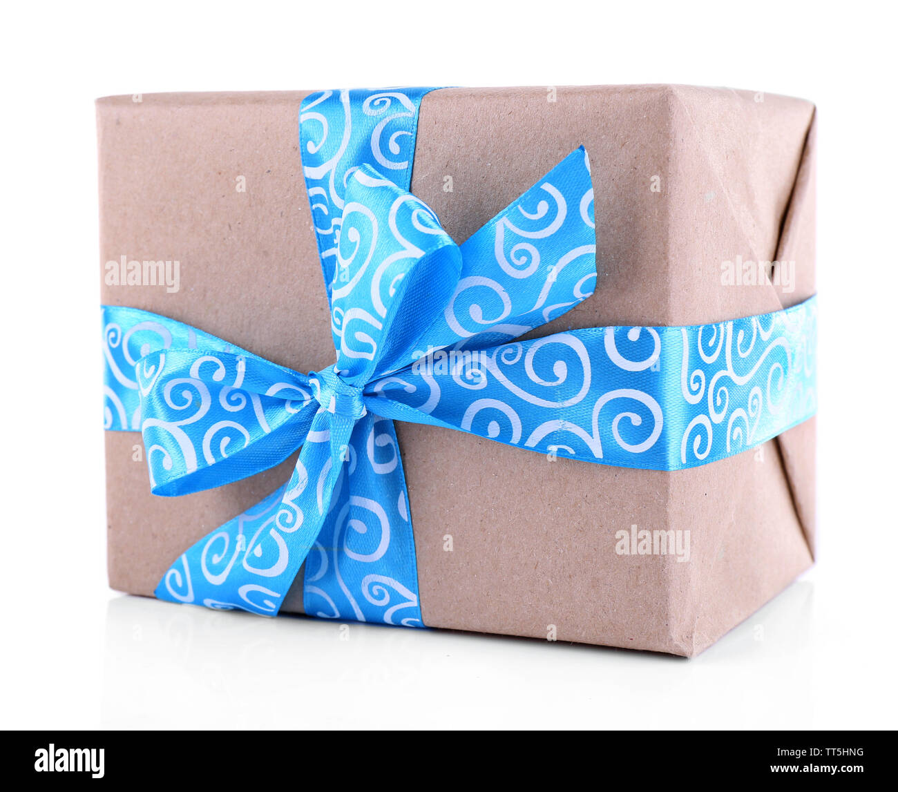 Holiday gift box decorated with blue ribbon isolated on white Stock Photo