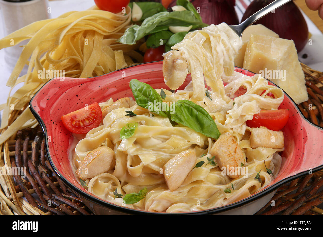 chicken cream pappardelle pasta Stock Photo Alamy