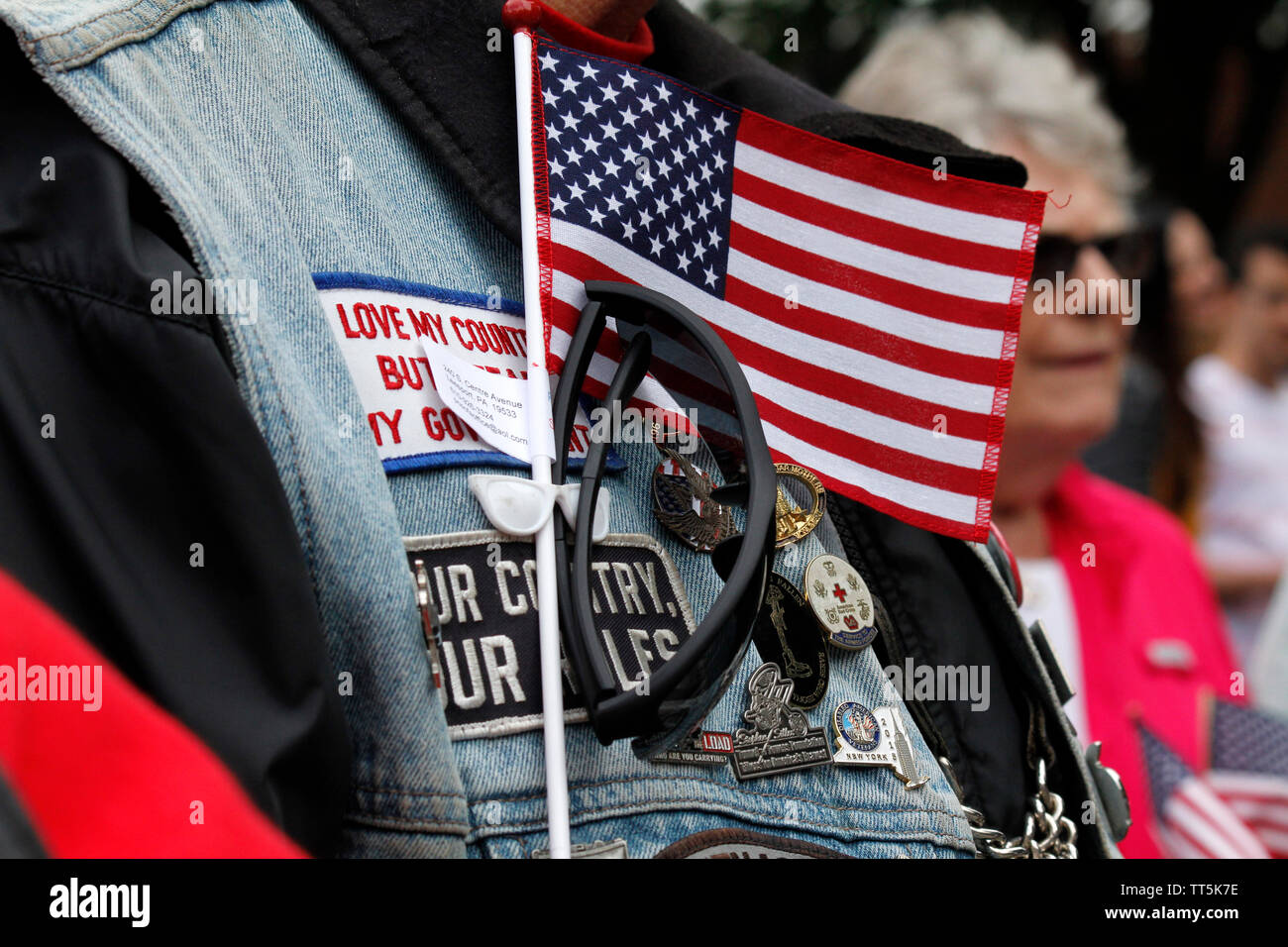Philadelphia, PA, USA - June 14, 2019: A Vietnam veteran proudly wears an American flag during Flag Day ceremonies at Independence National Historical Park, in Philadelphia, Pennsylvania. Credit: OOgImages/Alamy Live News Stock Photo