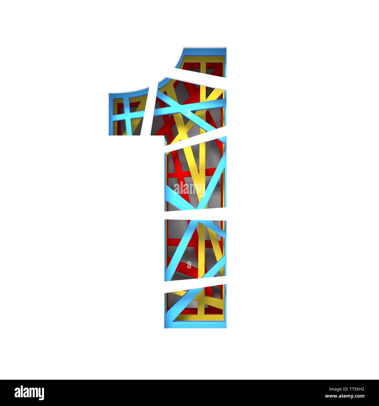Colorful paper cut out font Number 1 ONE 3D render illustration
