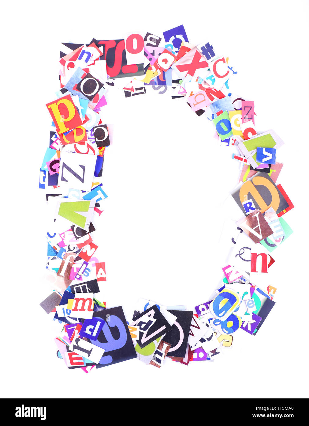 Letter D made of colorful newspaper letters isolated on white Stock