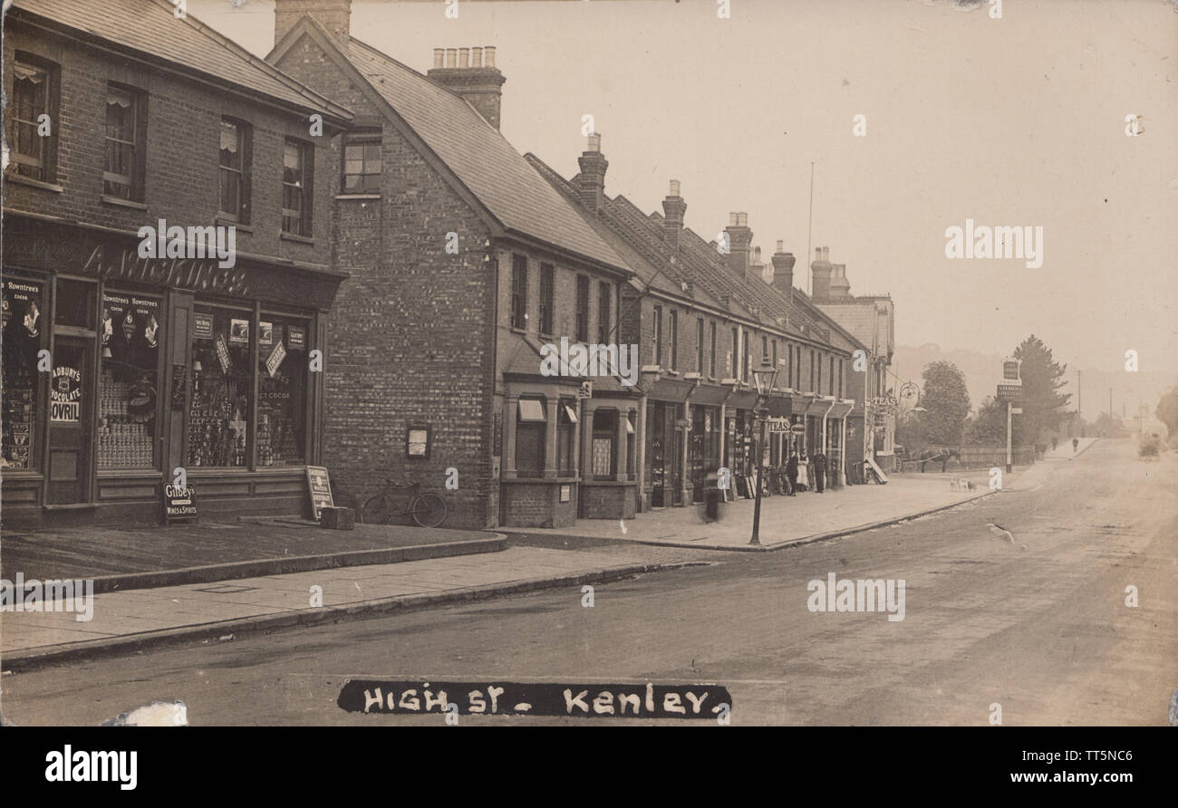 Vintage Photographic Postcard Showing Shops in The High Street, Kenley, Surrey / London (Borough of Croydon). Stock Photo