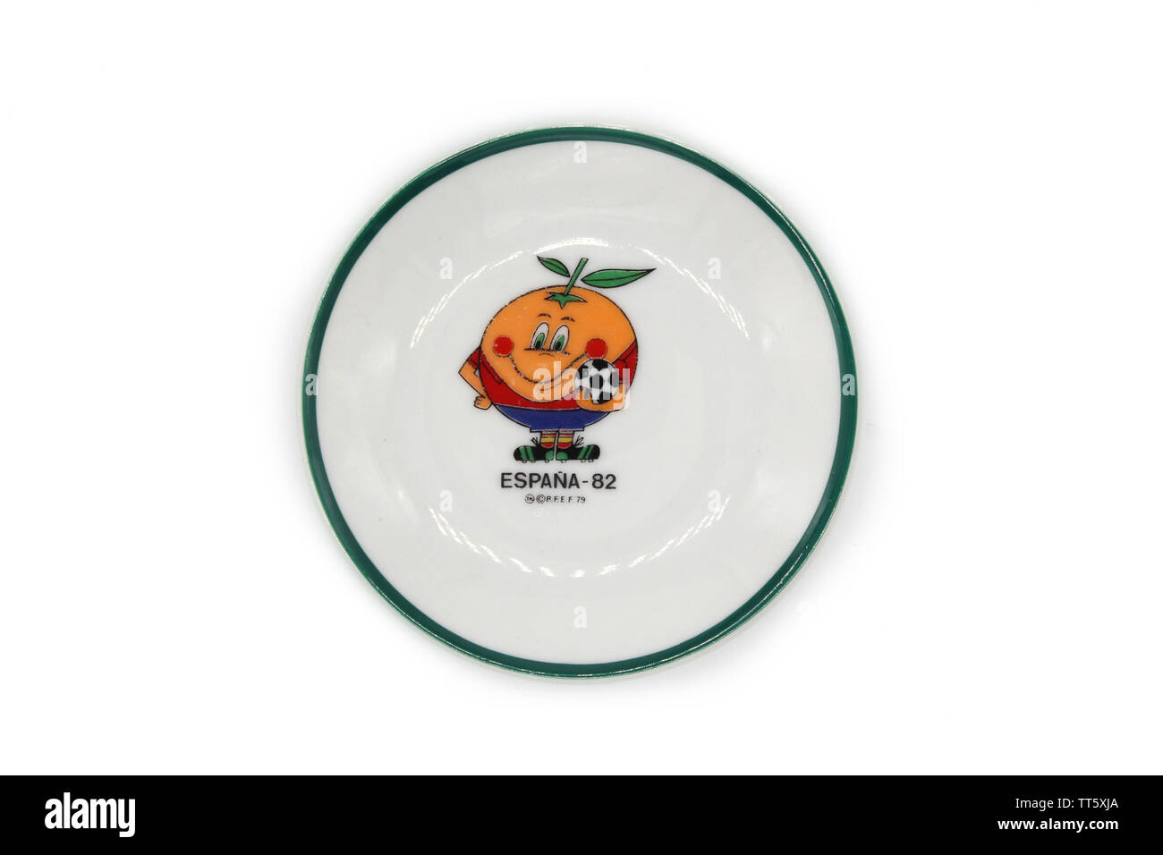 Vintage porcelain plate with logo Naranjito mascot of Soccer-football - World Cup Spain 1982, isolated on white background, close-up Stock Photo