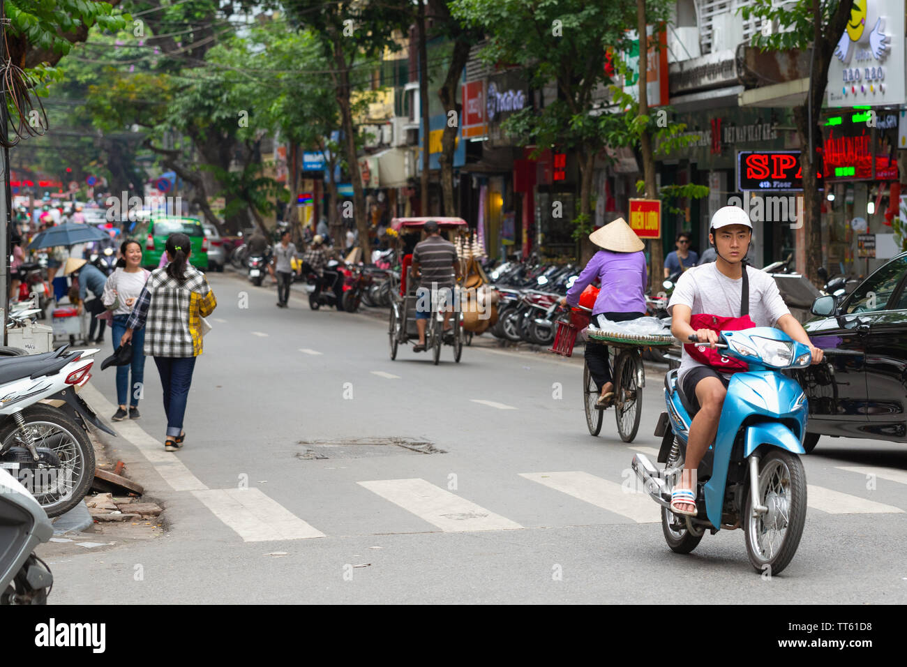 Crowded busy city street, Old Quarter, Hanoi, Vietnam, Asia Stock Photo