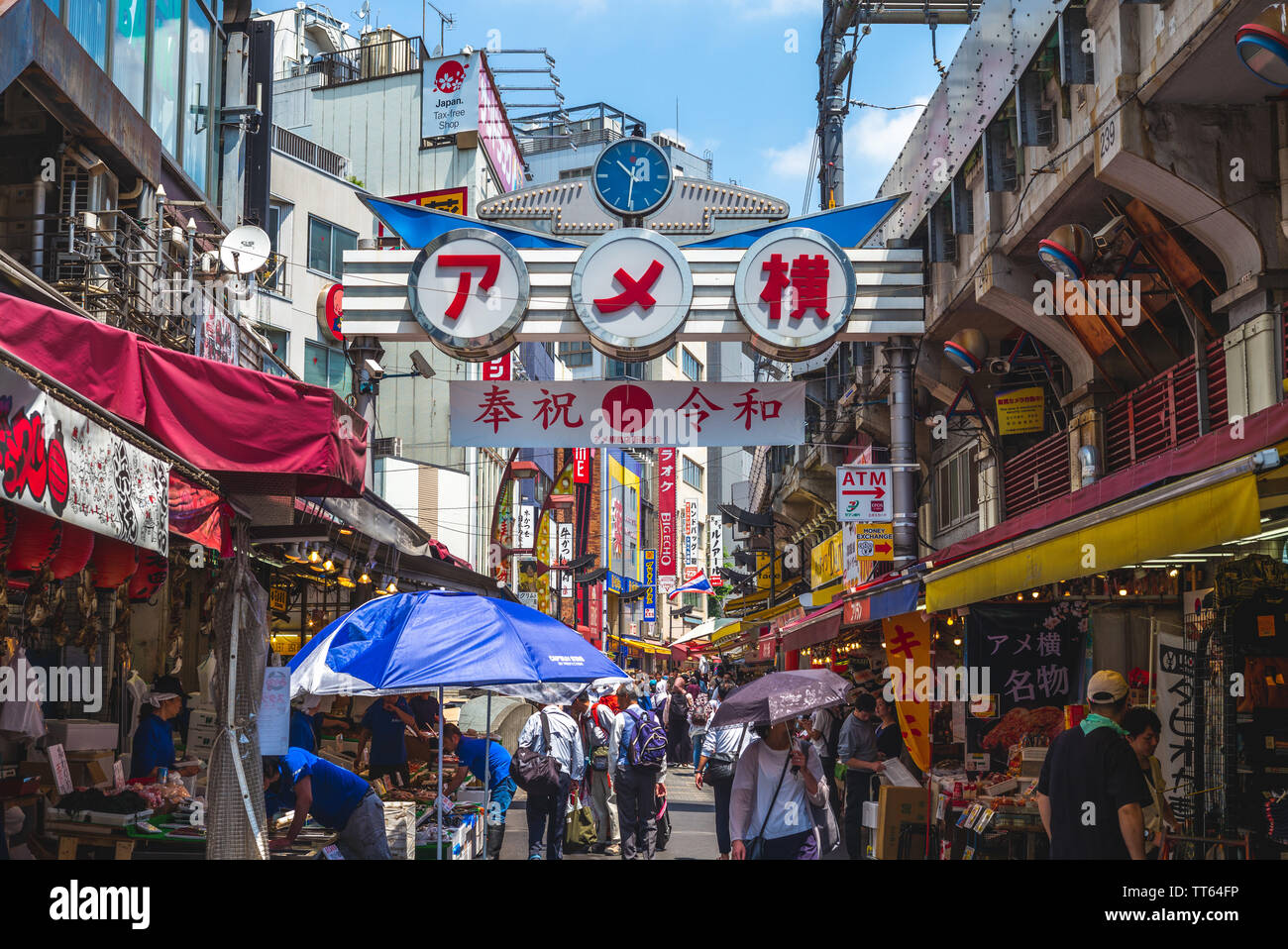 Tokyo, Japan - June 13, 2019: Ameya Yokocho, or Ameyoko, is a famous shopping arcade filled with around 400 shops. the street was the site of a black Stock Photo