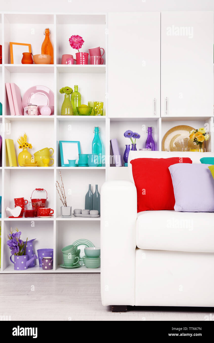 Modern interior design. White living room with sofa and bookcase Stock ...