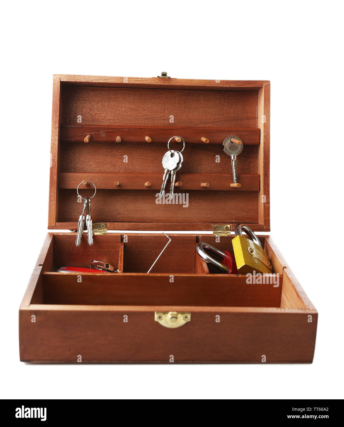 Set of keys and lock picks in wooden box isolated on white Stock Photo ...