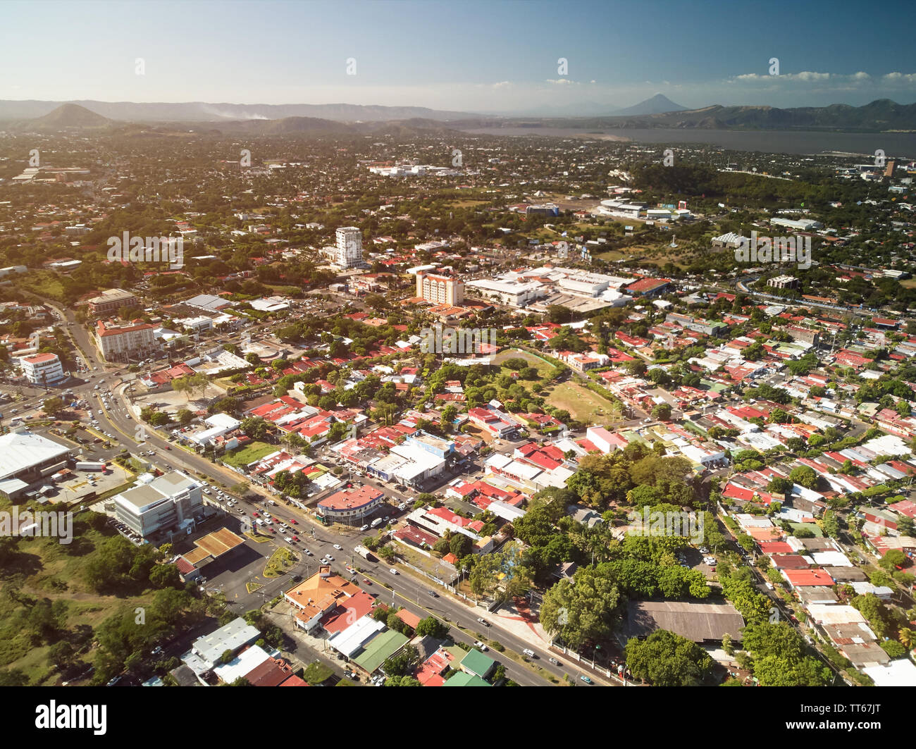 Car traffic in Central america city aerial drone view Stock Photo
