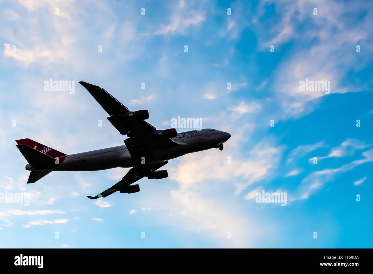 Montego Bay, Jamaica - May 21 2019: Virgin Atlantic Airlines Boeing 747-443 aircraft take off from Sangster International (MBJ) airport Stock Photo