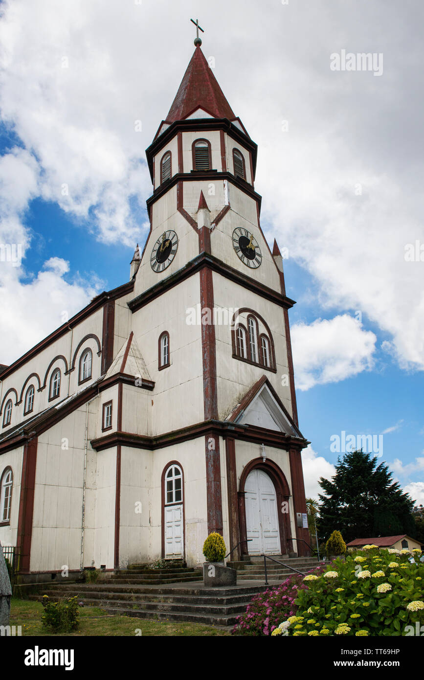 Roman Catholic Sacred Heart of Jesus Church towers above Puerto Varas. It was built by German Jesuit missionaries in 1918. Stock Photo