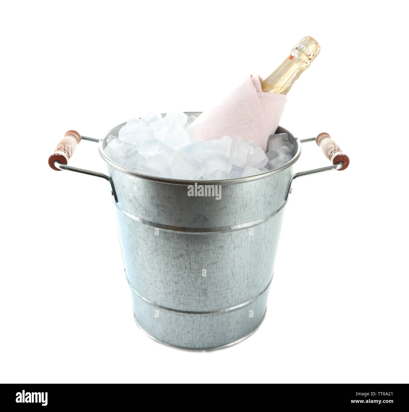 Bottle of champagne in metal ice bucket isolated on white Stock Photo