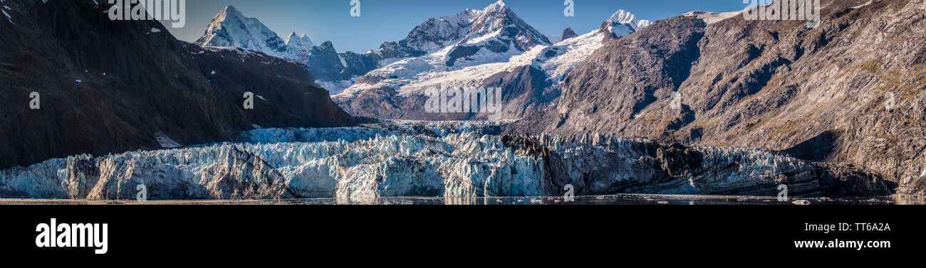 Johns Hopkins Glacier, a 12 mile long glacier in Glacier Bay National Park and Preserve, Alaska, October 2017. Mount Orville and Mount Wilbur in back. Stock Photo