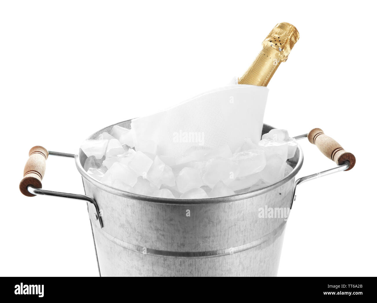 Bottle of champagne in metal ice bucket isolated on white Stock Photo