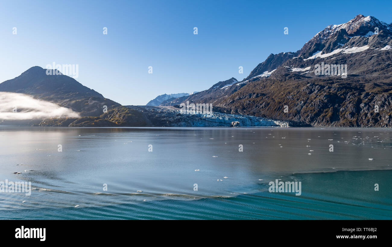 Glacier Bay National Park, Alaska. Spectacular sweeping vista of glaciers and ice capped/ snow covered mountains and wildlife landscape. Stock Photo