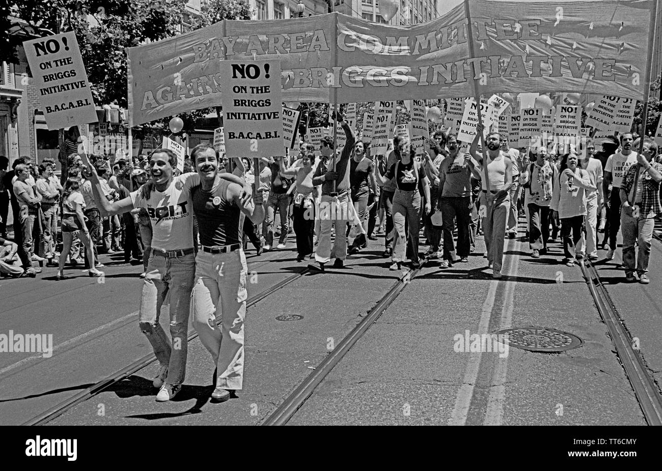 marchers carry 'NO! on Briggs Initiative' signs in Gay Pride Parade, in San Francisco, California, June 25, 1978 Stock Photo