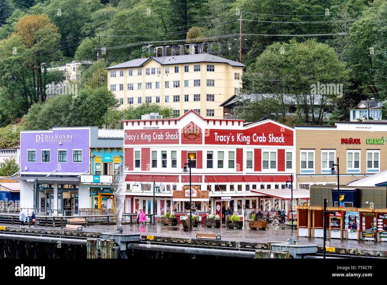 Juneau, Alaska - September 27 2017: Stores and other commercial office buildings on the coast of downtown Juneau on a rainy day. Stock Photo