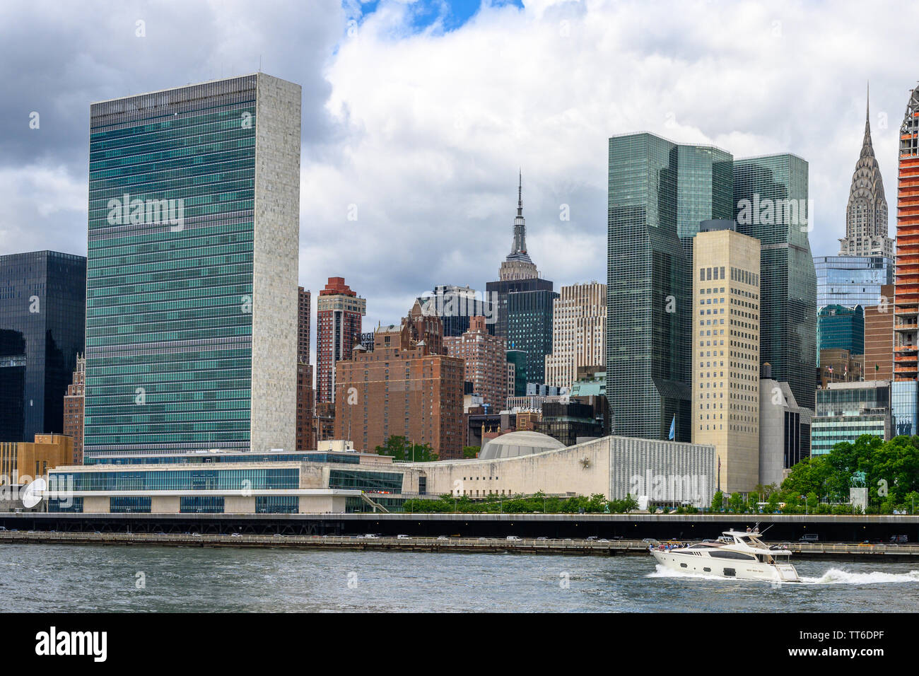 New York, USA,  14 June 2019. Buildings of New York City's Manhattan including the United Nations headquarters (L), the Empire State building (C) and Stock Photo