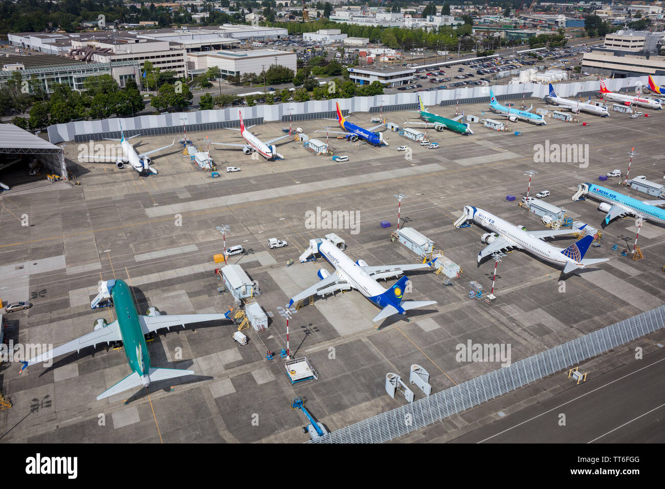 June 2019: Boeing 737 Max aircraft grounded at Boeing Field factory near Seattle, Washington, USA, during the crisis caused by unsafe software Stock Photo