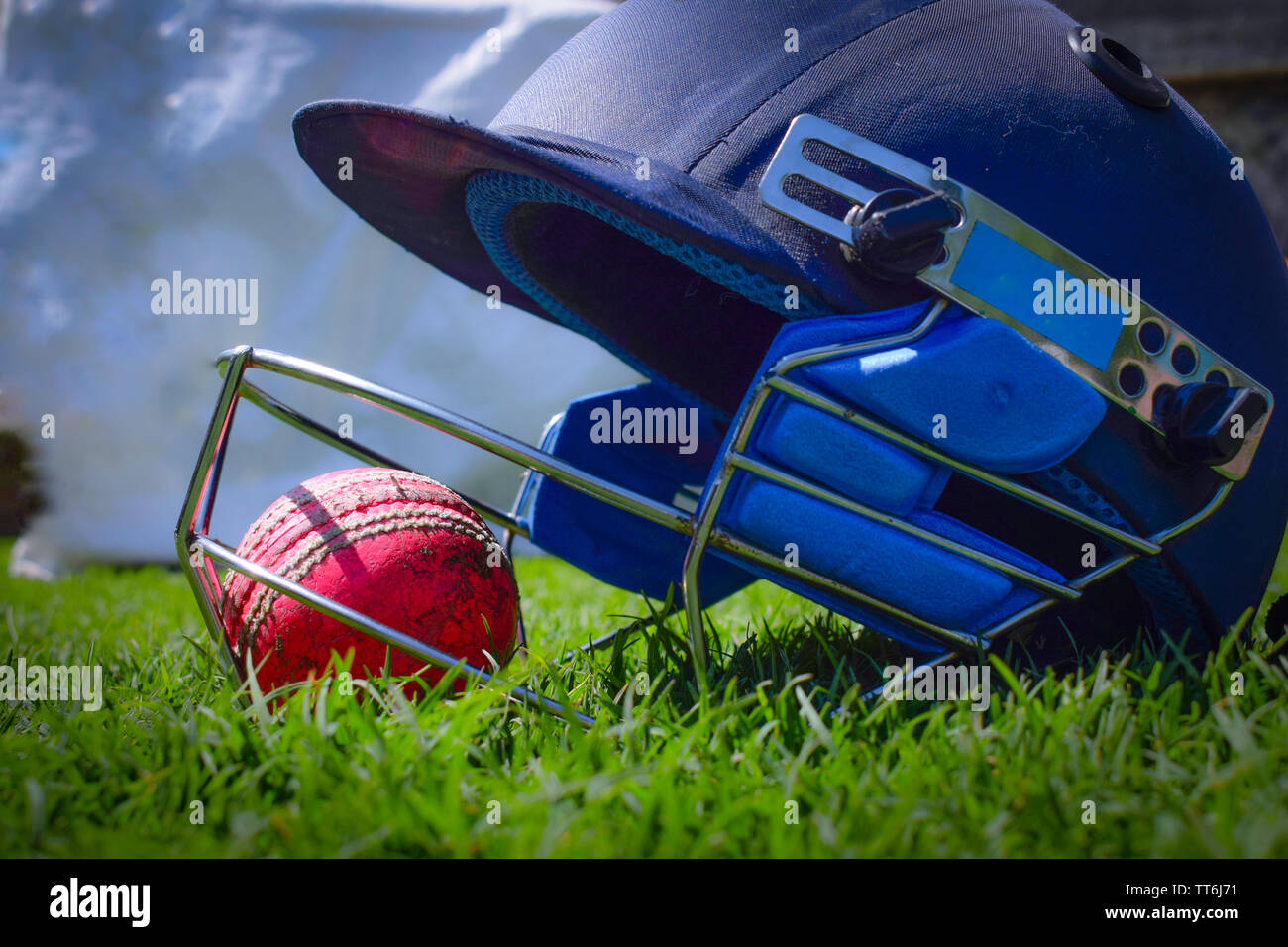 Cricket halmet and a ball on a green grass. Helmet protects batsman from fast balls which may otherwise cause harm to playing person. Stock Photo