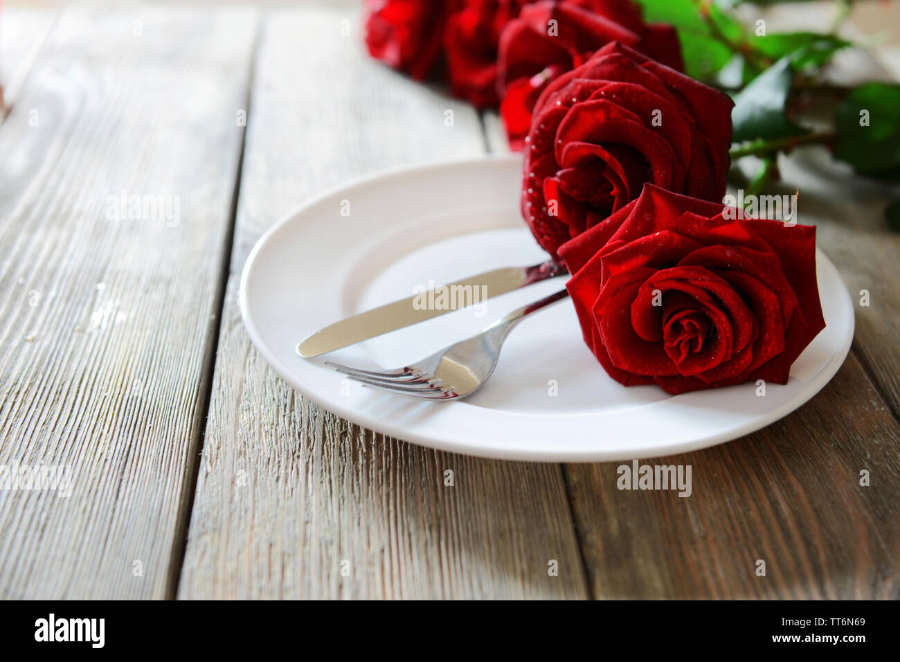 Beautiful Romantic Table Setting With Red Roses Close Up Stock