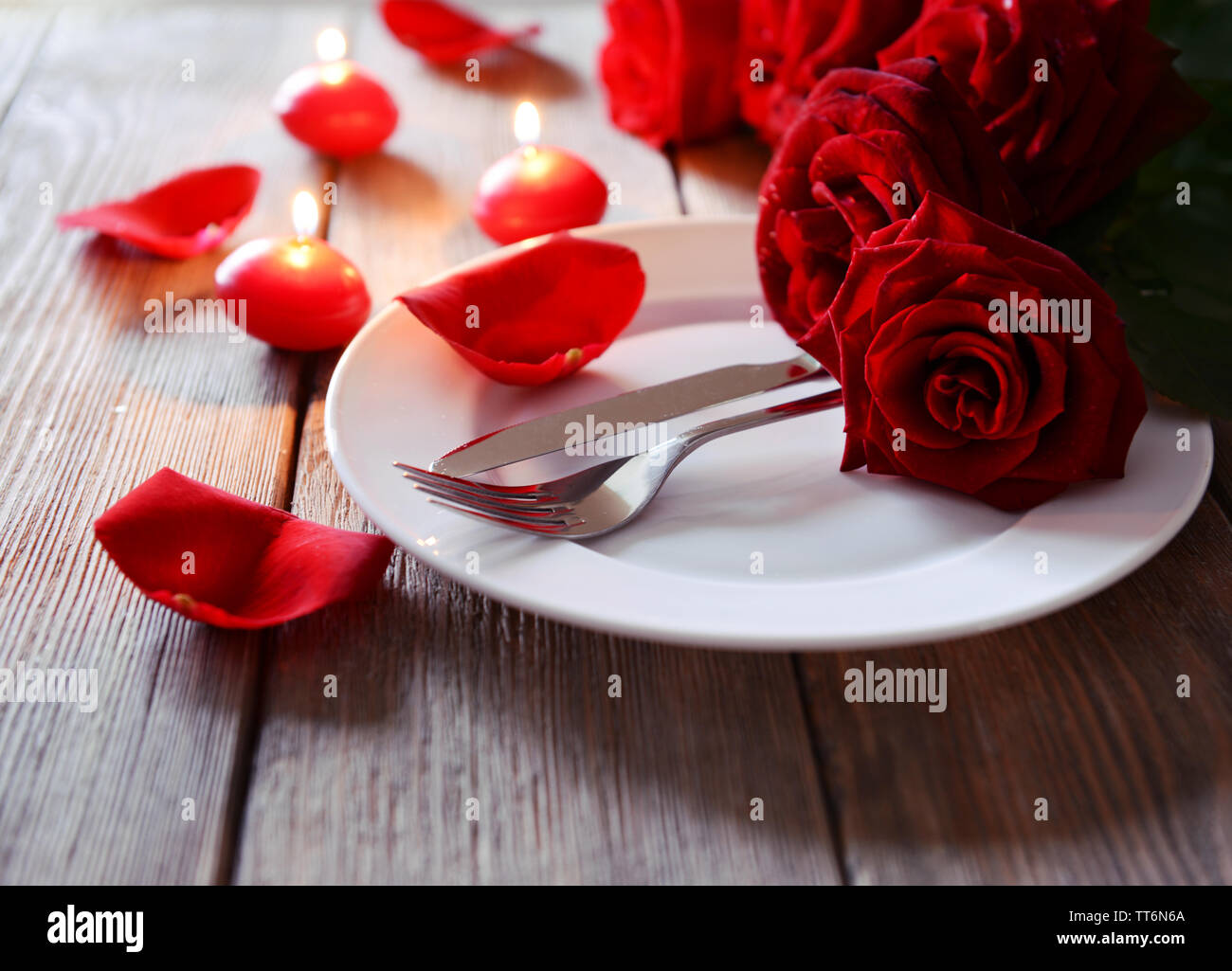 Beautiful Romantic Table Setting With Red Roses Close Up Stock