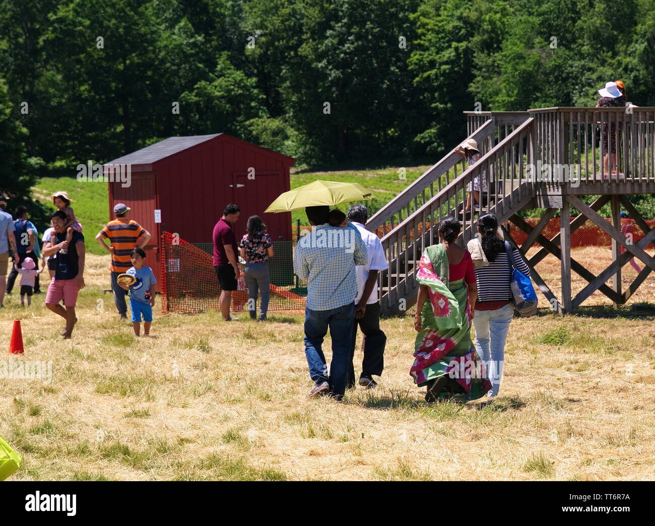 Middlefield, CT USA. Jun 2019. An Indian American family walking towards a New England fruit orchards to go picking strawberries. Stock Photo