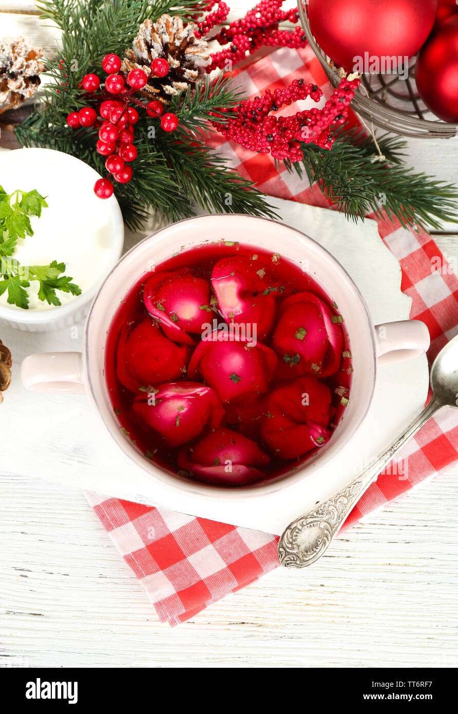 Traditional Polish Clear Red Borscht With Dumplings And Christmas