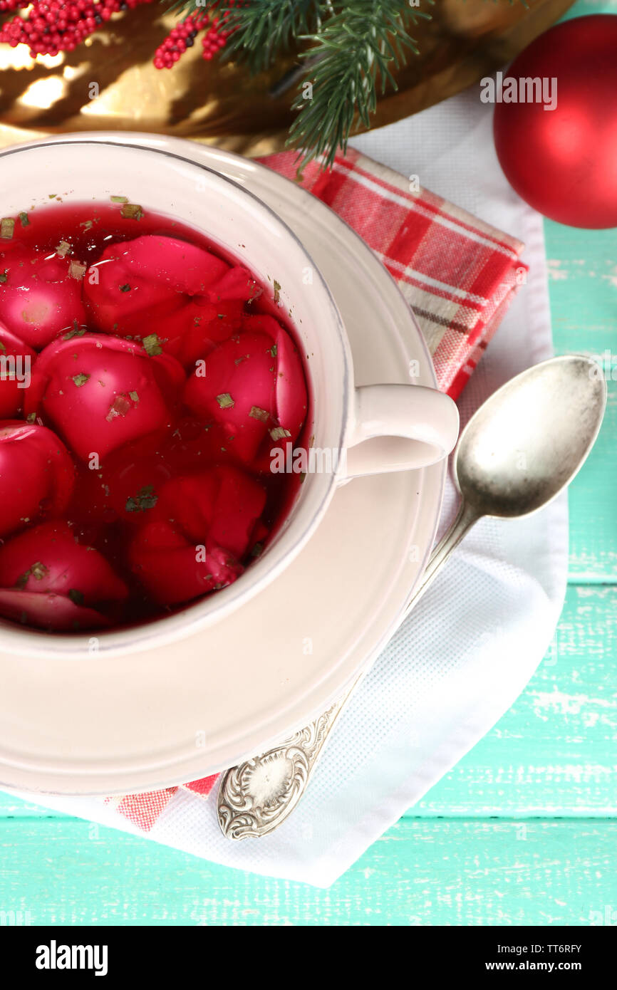 Traditional Polish Clear Red Borscht With Dumplings And Christmas