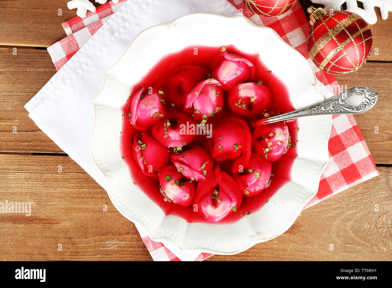Traditional Polish Clear Red Borscht With Dumplings And Christmas