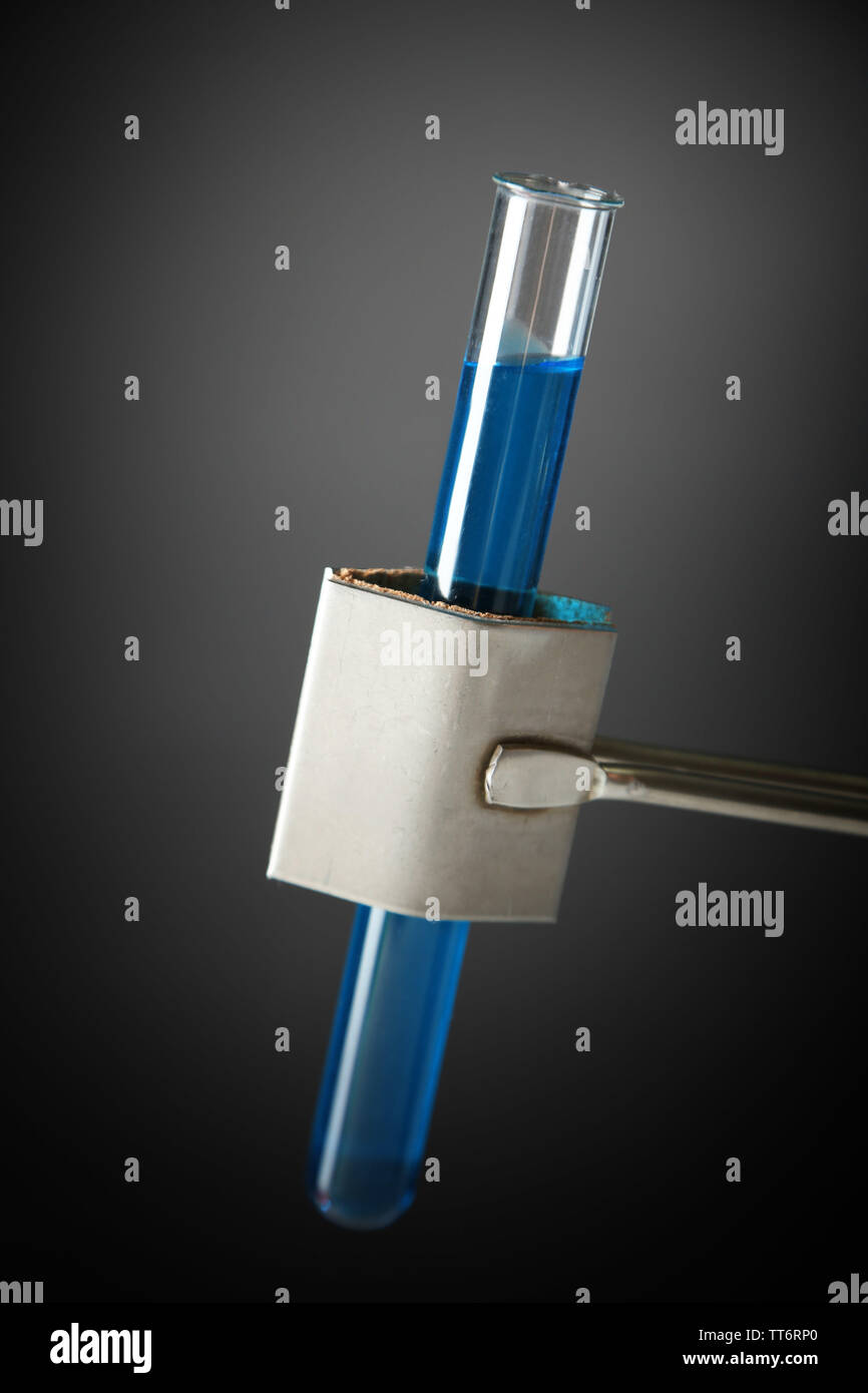 Laboratory glass test tube filled color liquid held in specialized