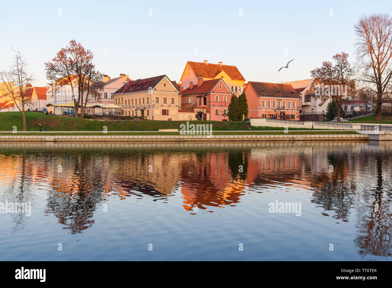 Minsk, Belarus - November 16, 2018: View of Traetskae Pradmestse or Trinity Suburb on Svisloch river bankin historical center of Minsk Stock Photo