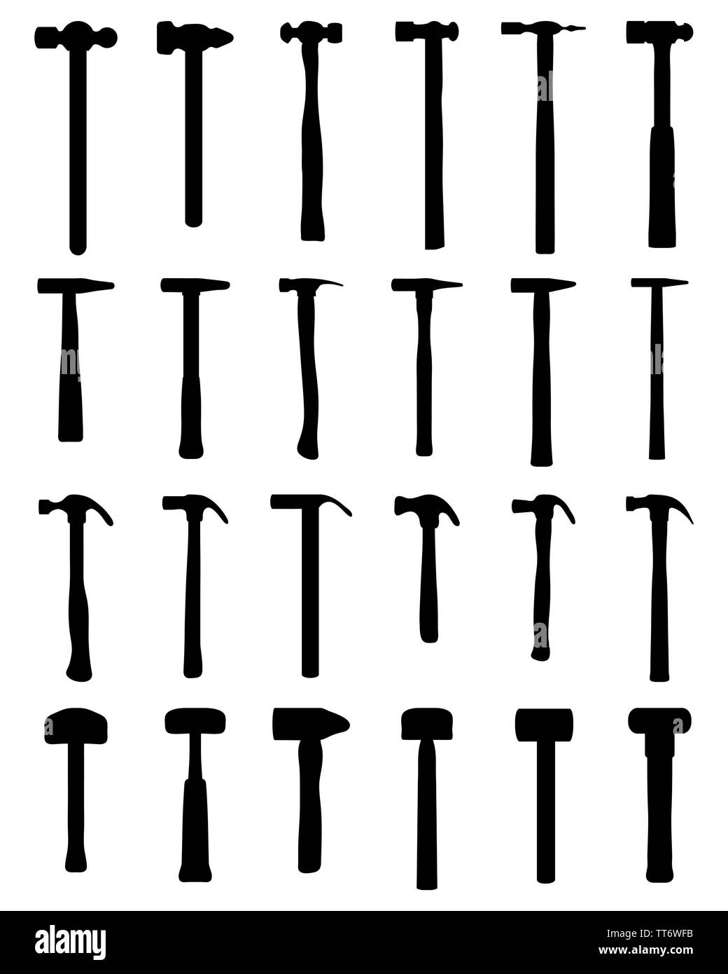 Black silhouettes of different hammer on a white background Stock Photo