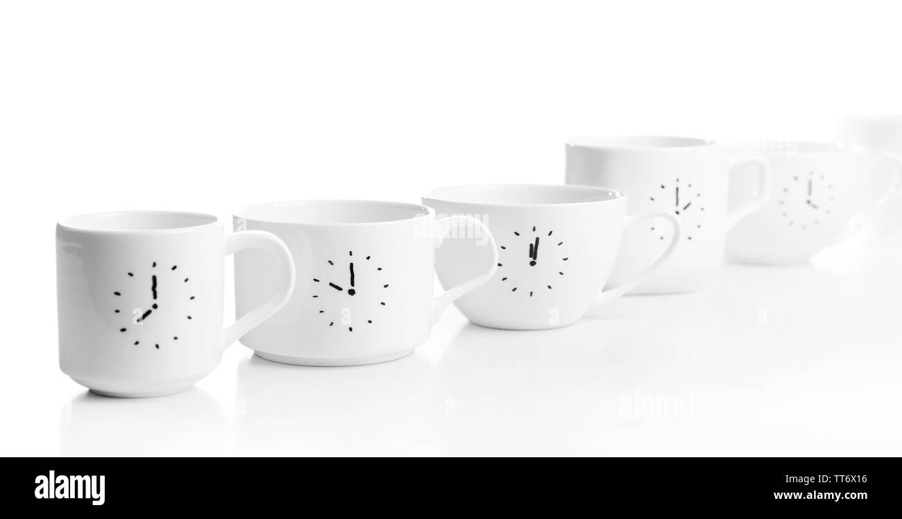 Coffee cups with time for coffee break, isolated on white Stock Photo