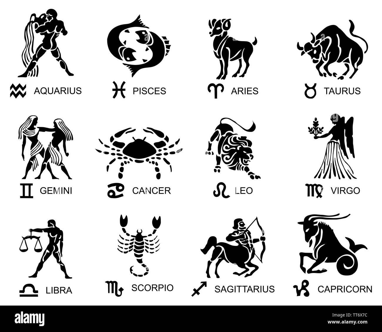 Black silhouette of zodiac signs on a white background Stock Photo