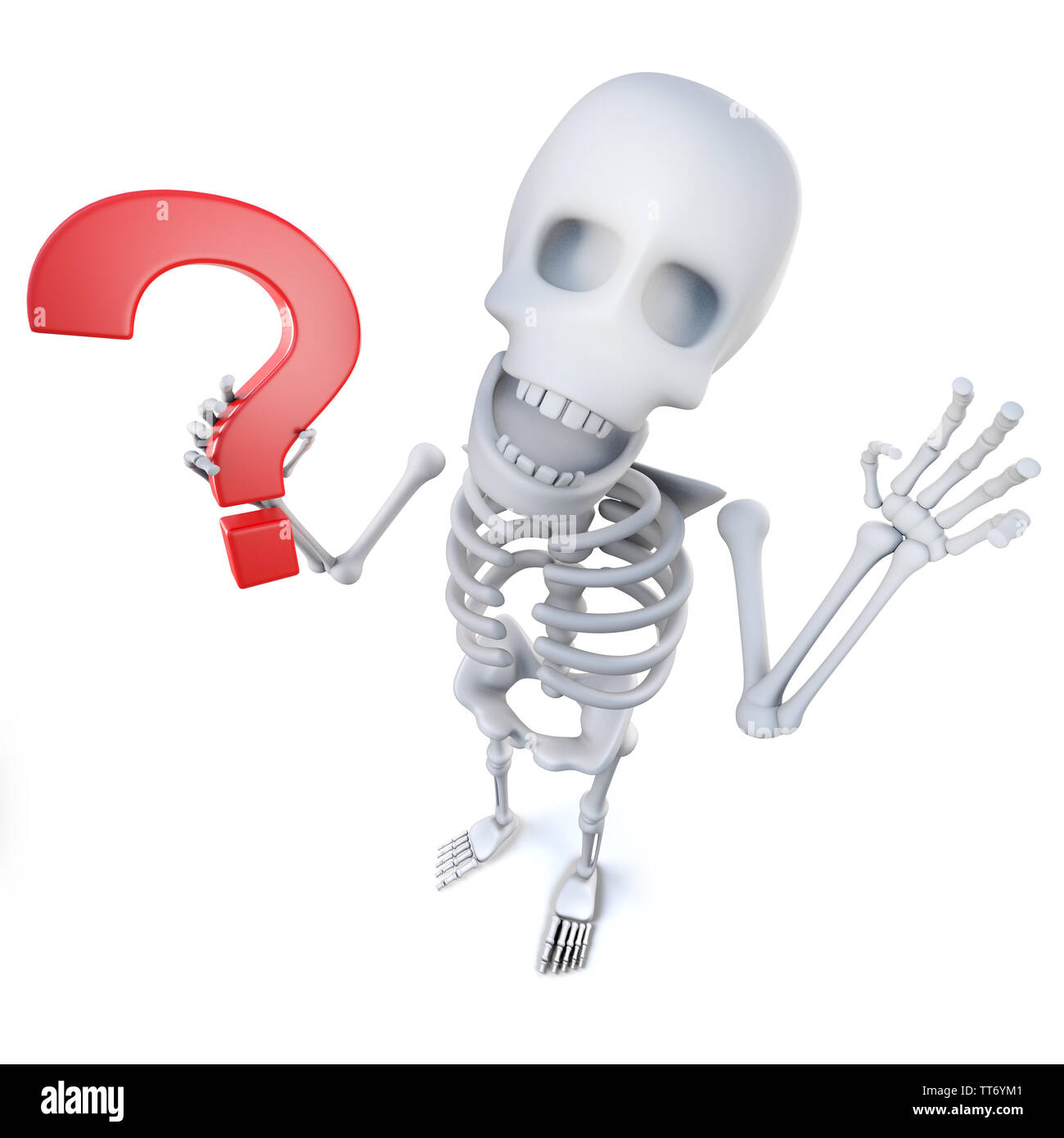 3d render of a funny cartoon skeleton character holding a question mark  symbol Stock Photo - Alamy