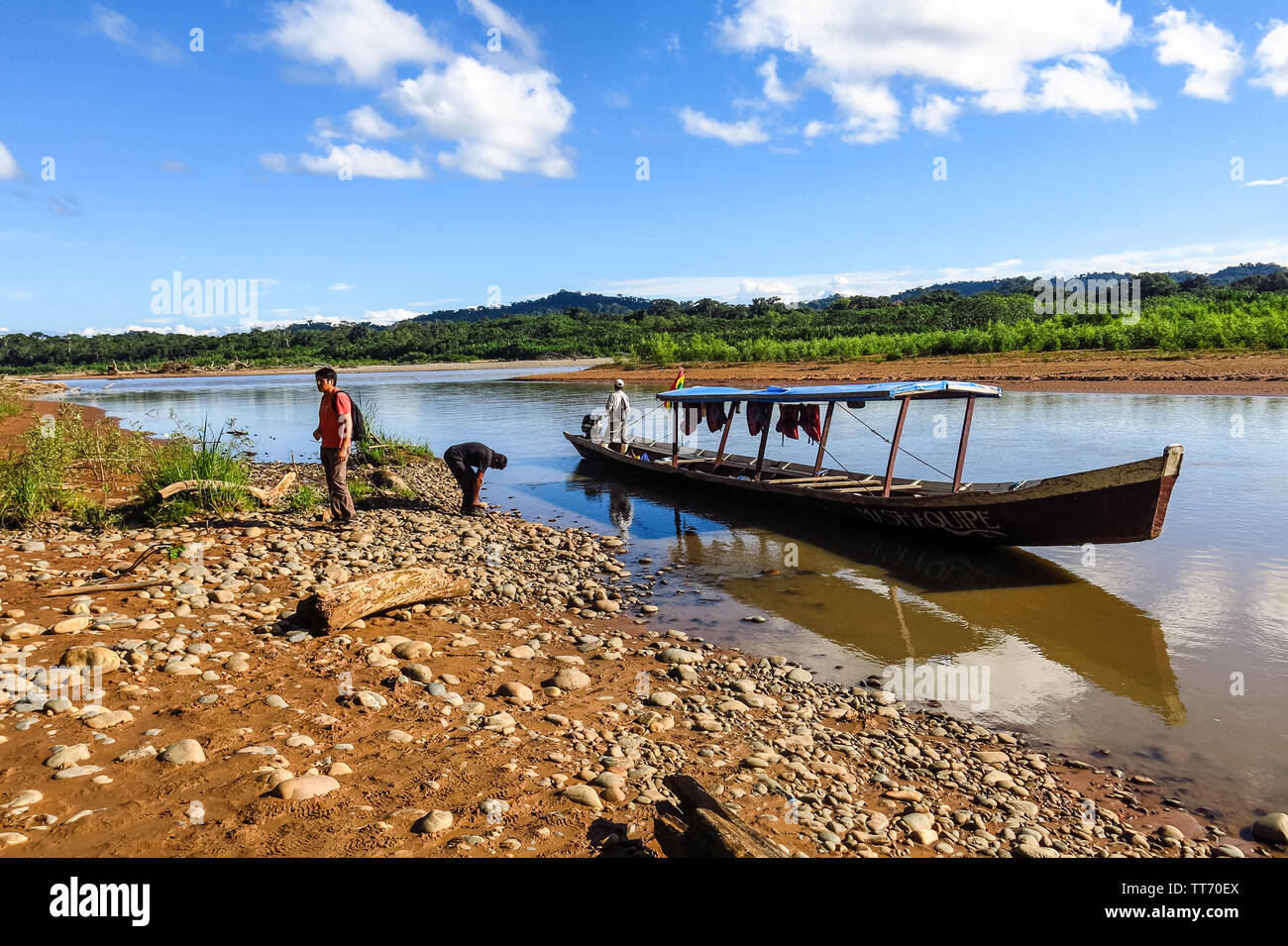 Beni River, Bolivia - MAY 12, 2018: boat transport in Beni River in Beni Region, Bolivia. The rivers are the main roads in the Amazon jungle. Stock Photo