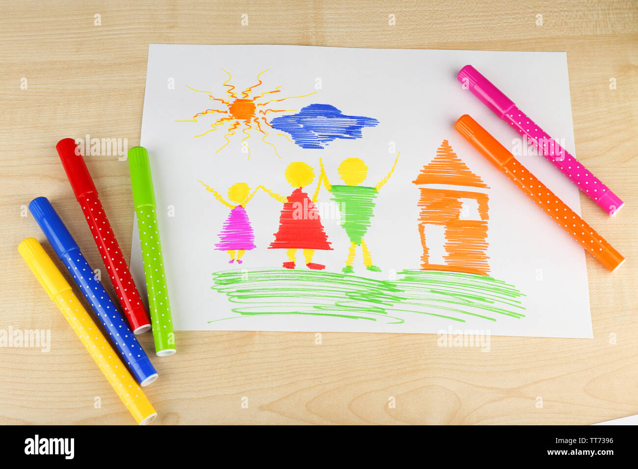 Drawing Made By Child With Colorful Pencils On Wooden Table Background Stock Photo Alamy
