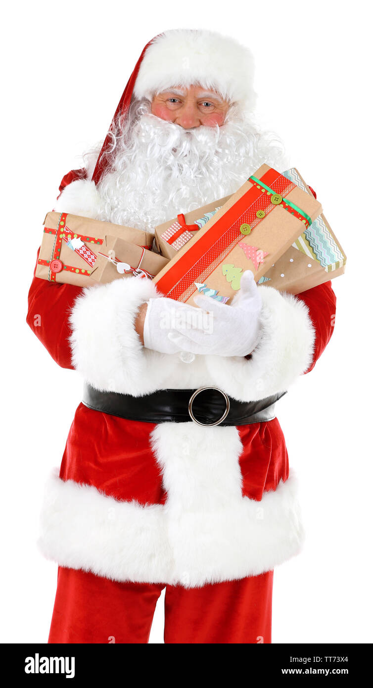 Santa Claus holding gift boxes isolated on white background Stock Photo ...