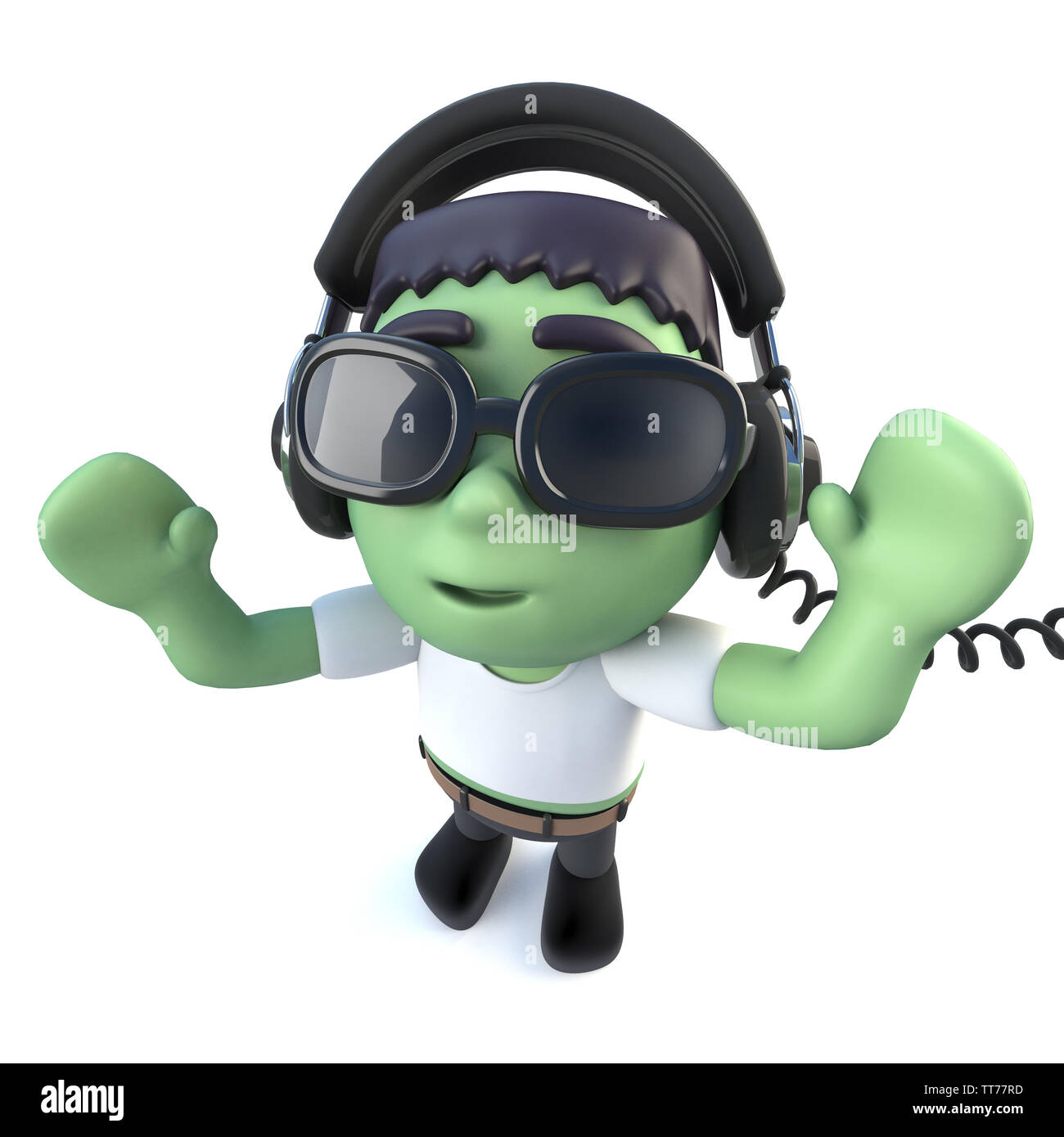 3d render of a funny cartoon frankenstein monster character wearing  headphones to listen to music Stock Photo - Alamy