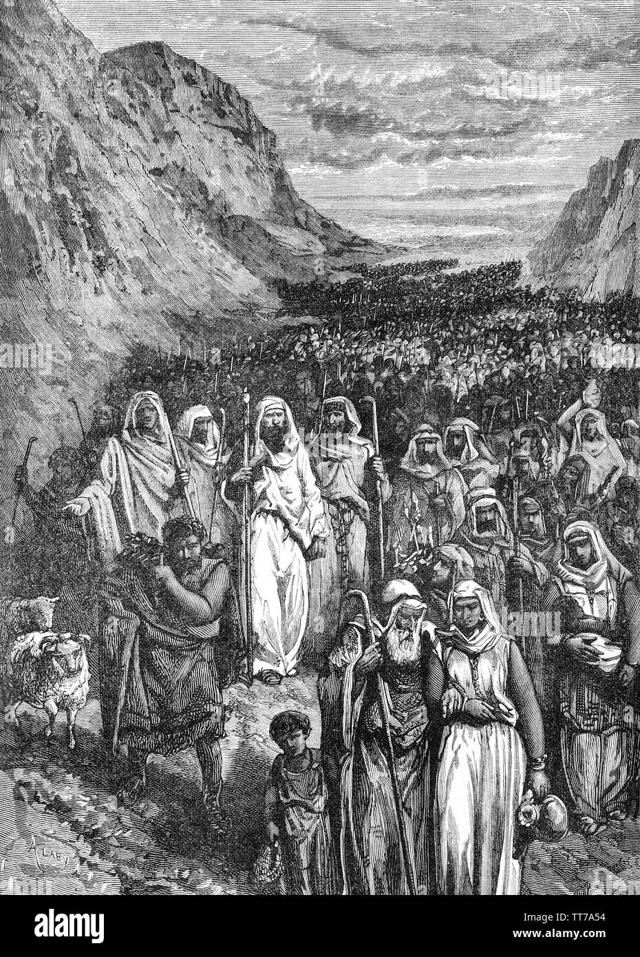 The Exodus around C.1313 BC, is the founding myth of the Israelites and describes the march in which the prophet Moses lead them out of Egypt and through the wilderness to Mount Sinai, where Yahweh, the national god of the Iron Age kingdoms of Israel reveals himself to his people and establishes the Mosaic covenant. They are to keep his torah or law, and in return he will give them the land of Canaan. Stock Photo