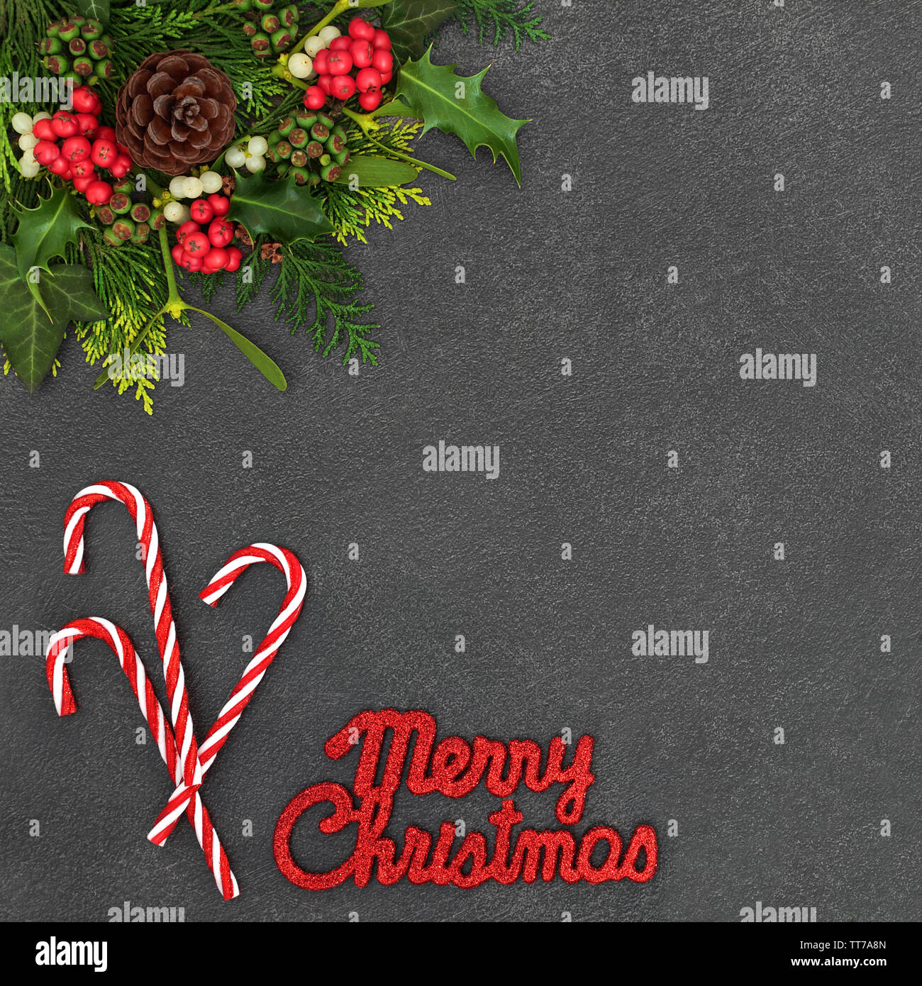 Merry Christmas background border with candy canes and glitter sign ...