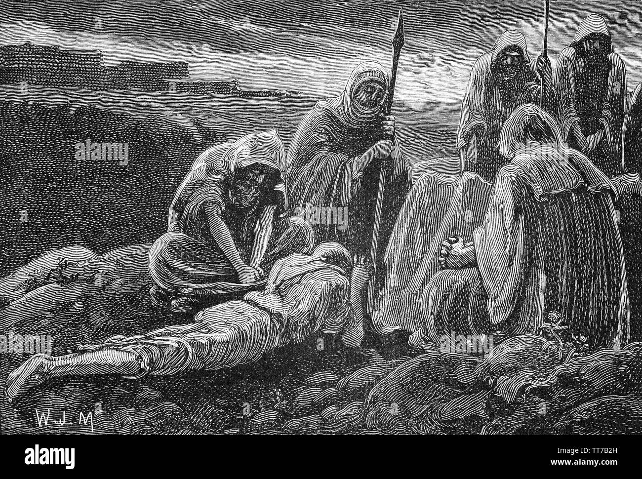 Israelites mourning the death in 1010 BC of  Jonathan killed in a battle against the Philistines at Mount Gilboa overlooking the Jezreel Valley in Israel. Along with Saul who fell on his sword (committing suicide) to avoid capture in the battle. Despoiled by the Philistines, the bodies were rescued by men from Jabesh-gilead and buried in Jabesh. Stock Photo