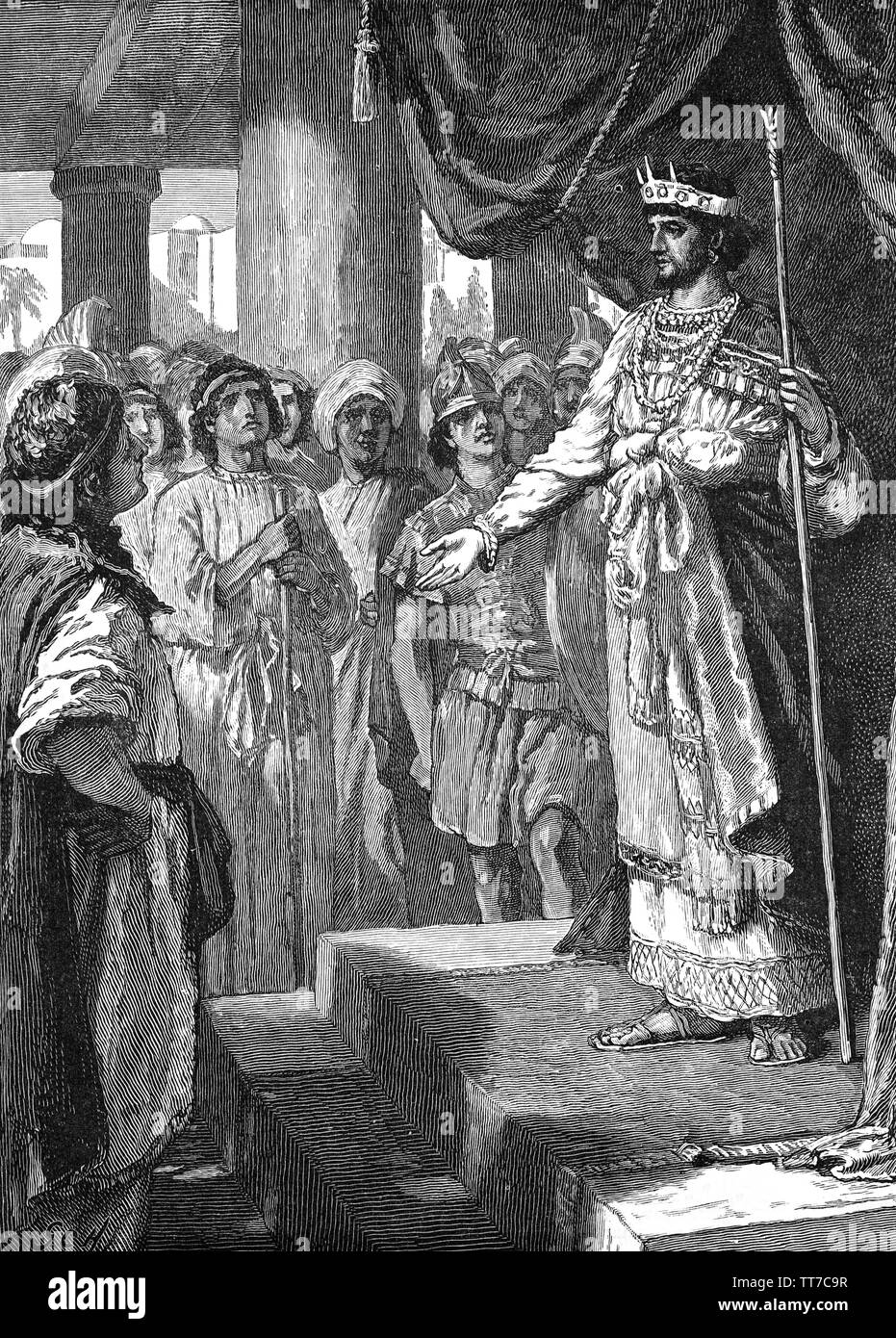 Rehoboam was the fourth king of Israel, son and successor to Solomon. Initially king of the United Monarchy of Israel, but after the ten northern tribes of Israel rebelled in 932/931 BC to form the independent Kingdom of Israel (Samaria), under the rule of Jeroboam, Rehoboam remained as king only of the Kingdom of Judah, or southern kingdom. The new king sought the advice from the young men he had grown up with, who advised him to show no weakness to the people, and to tax them even more, which Rehoboam did. Stock Photo