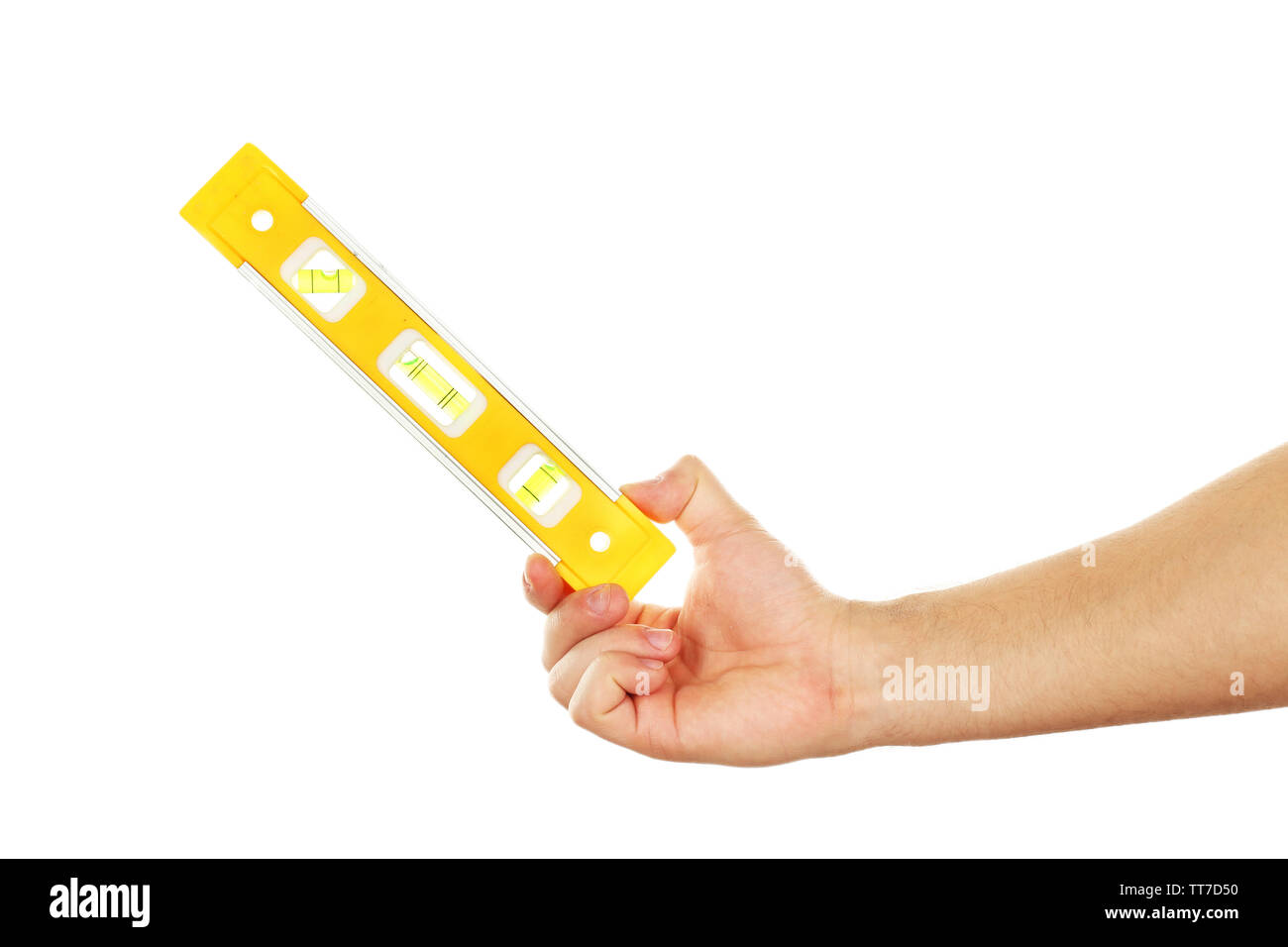 Male hand with ruler level isolated on white Stock Photo - Alamy