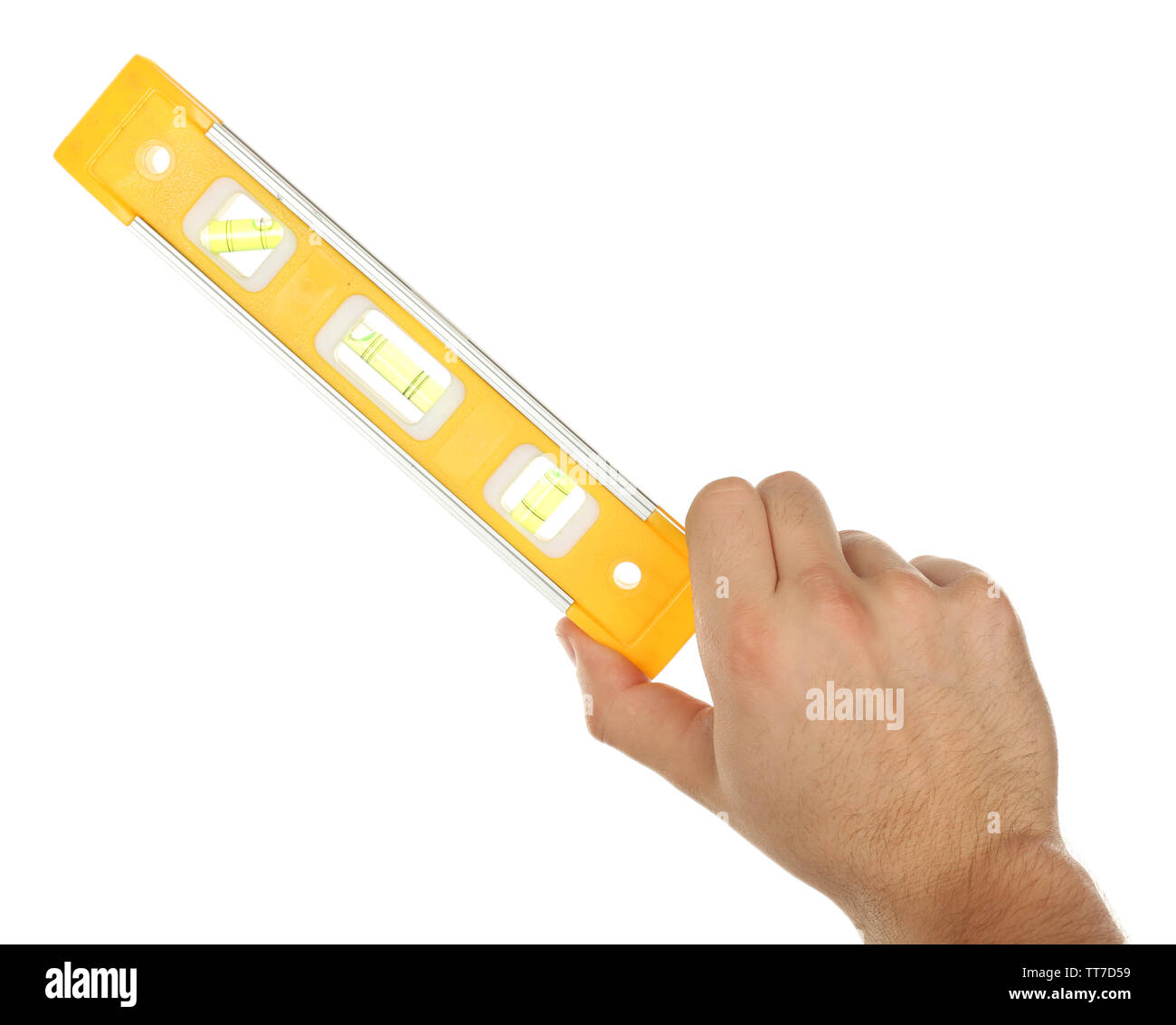 Male hand with ruler level isolated on white Stock Photo - Alamy