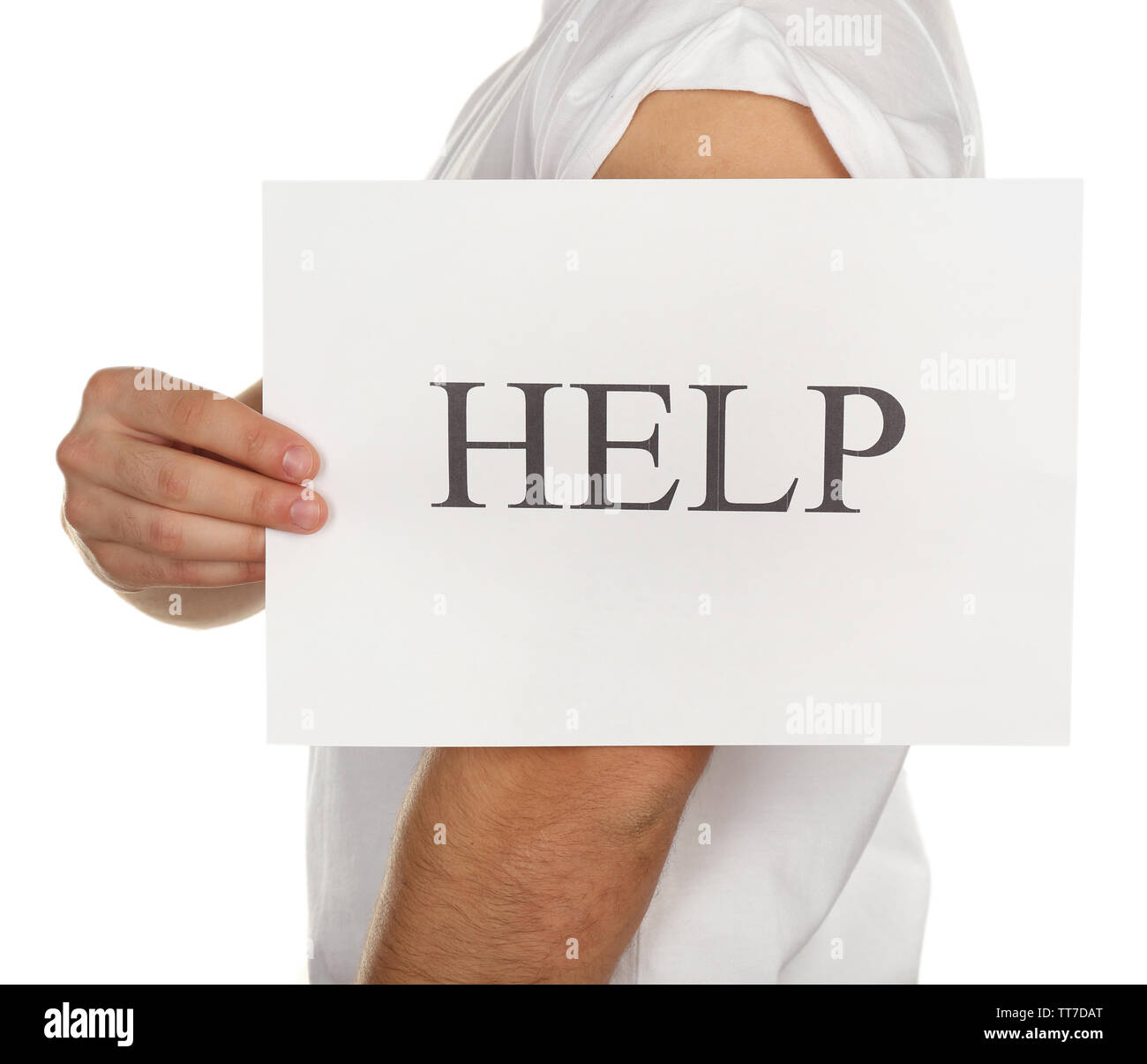 Send Help Handwritten Sign Sheet of paper with Help sign in male hand isolated on white Stock ...