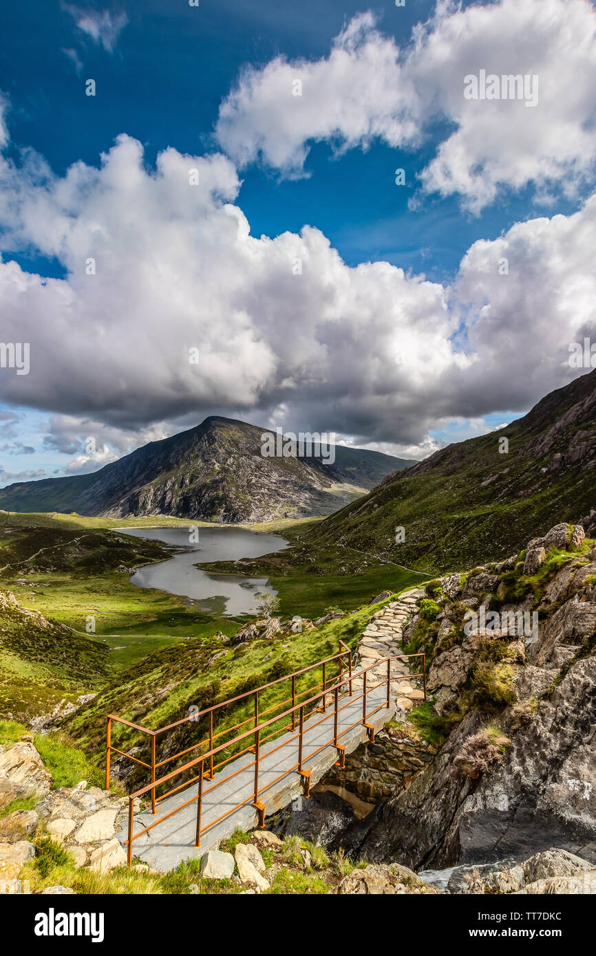 Cwm Idwal looking towards the Ogwen Valley and Pen yr Ole Wen in Snowdonia, Wales, UK. Stock Photo