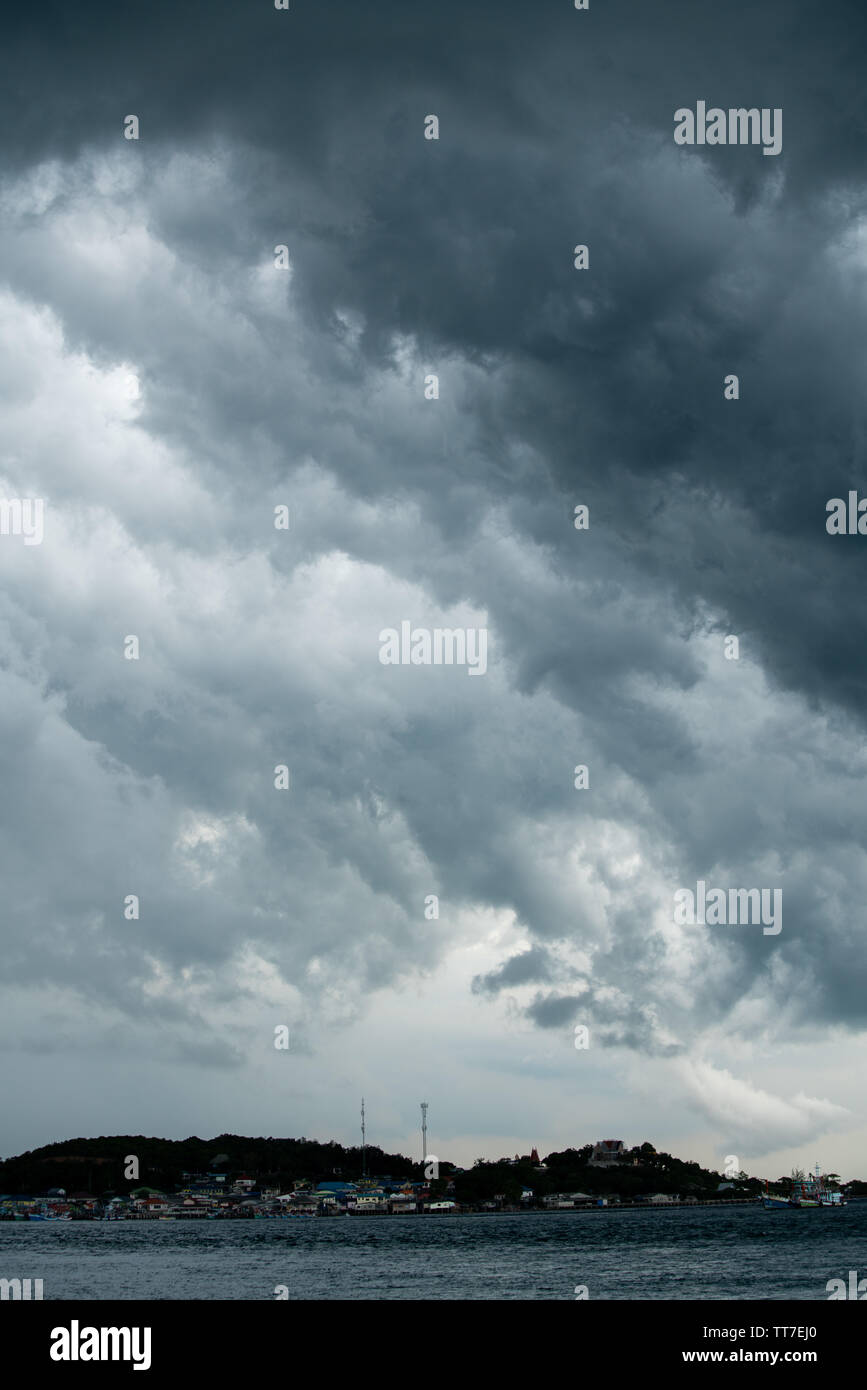 storm cloud background during raining. Dark Clouds. Huge black clouds on dark sky before a thunder-storm. Stock Photo